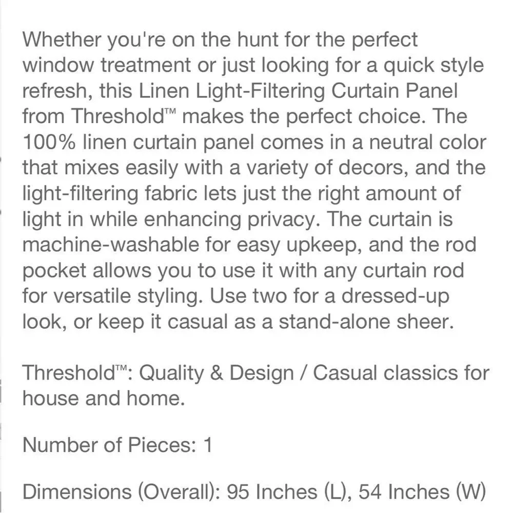 2!!!! THRESHOLD NWT linen light filtering curtain -natural -95”